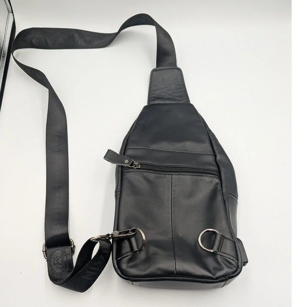 Bullcaptain Sling Bag Black Leather USB Charging Port Chest Pack Small